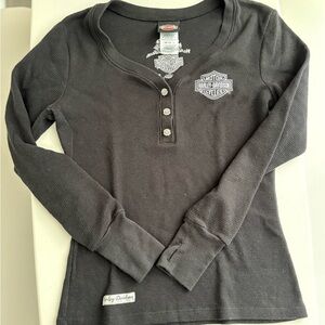 Harley-Davidson Black Long-Sleeve Waffle Henley Top